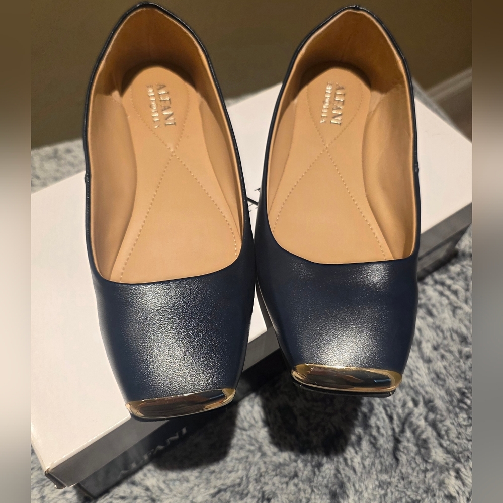 Alfani Navy Leather Square-Toe Ballet Flats with Gold Toe Cap